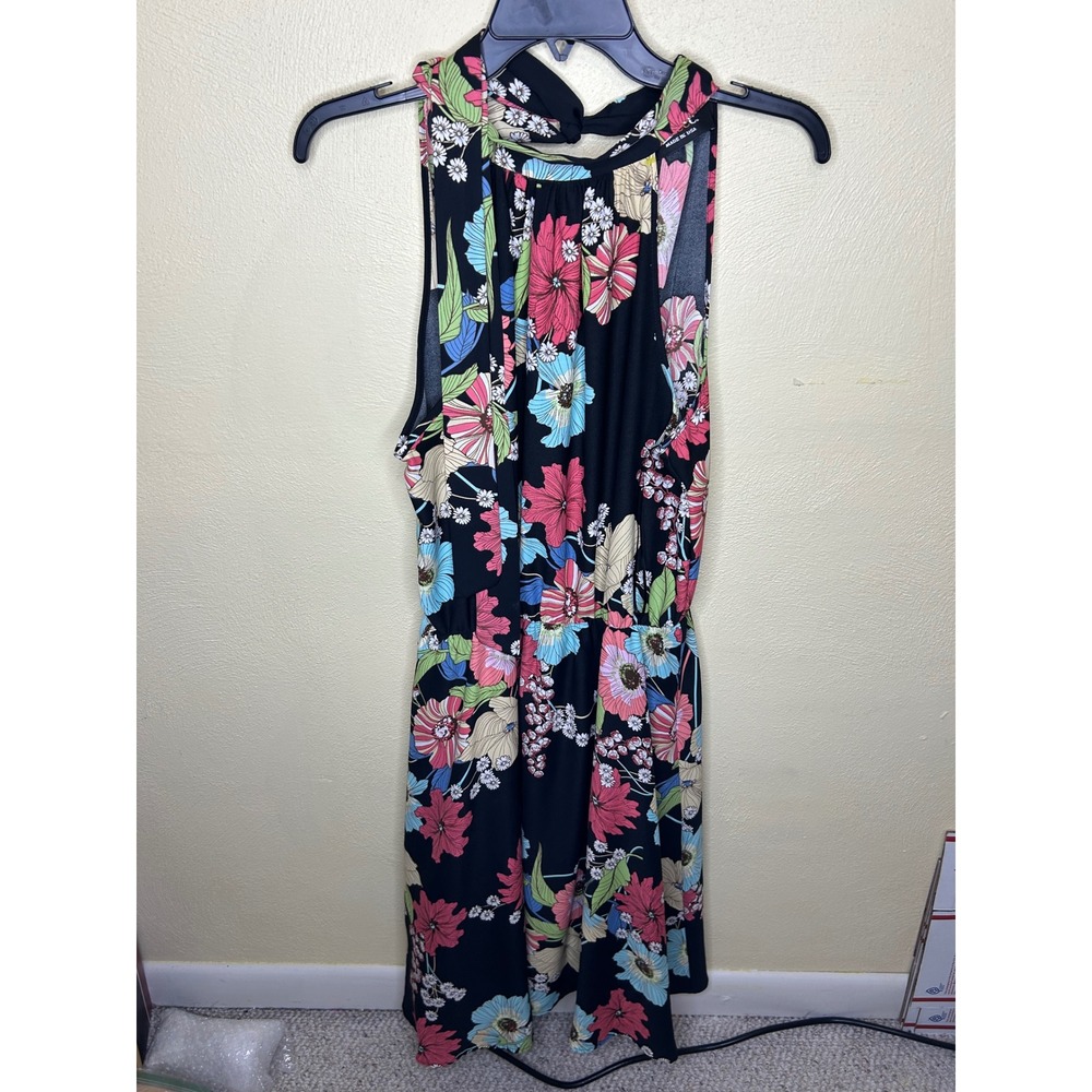 Renee C Floral Halter Neck Sleeveless Dress Black Multi Color Large Made in USA